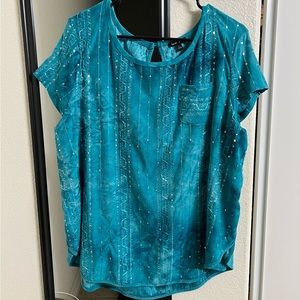 Sami & Jo Womens Turquoise Sequin Blouse  Blue Pocket Crew